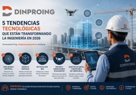 Infografía de Dinproing Ltda. sobre las cinco tendencias tecnológicas que están transformando la ingeniería en 2026, incluyendo inteligencia artificial, BIM, Gemelos Digitales, drones y analítica de datos.